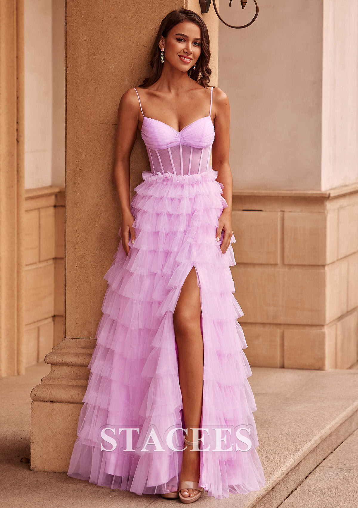 Lilac A-line V Neck Illusion Corset Ruffled Prom Dress with Slit - STACEES