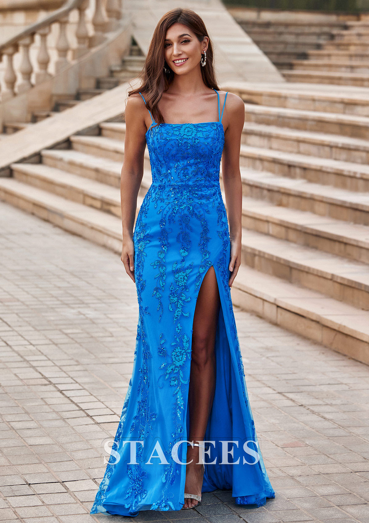 Ocean Blue Sheath Square Neckline Fitted Beading Sequins Slit Prom Dress - STACEES