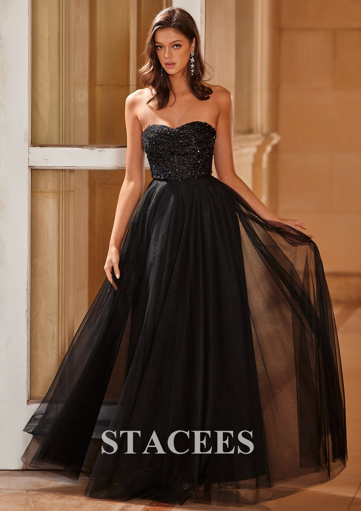 Black A-line Sweetheart Tulle Floor-Length Prom Dress with Sequins - STACEES