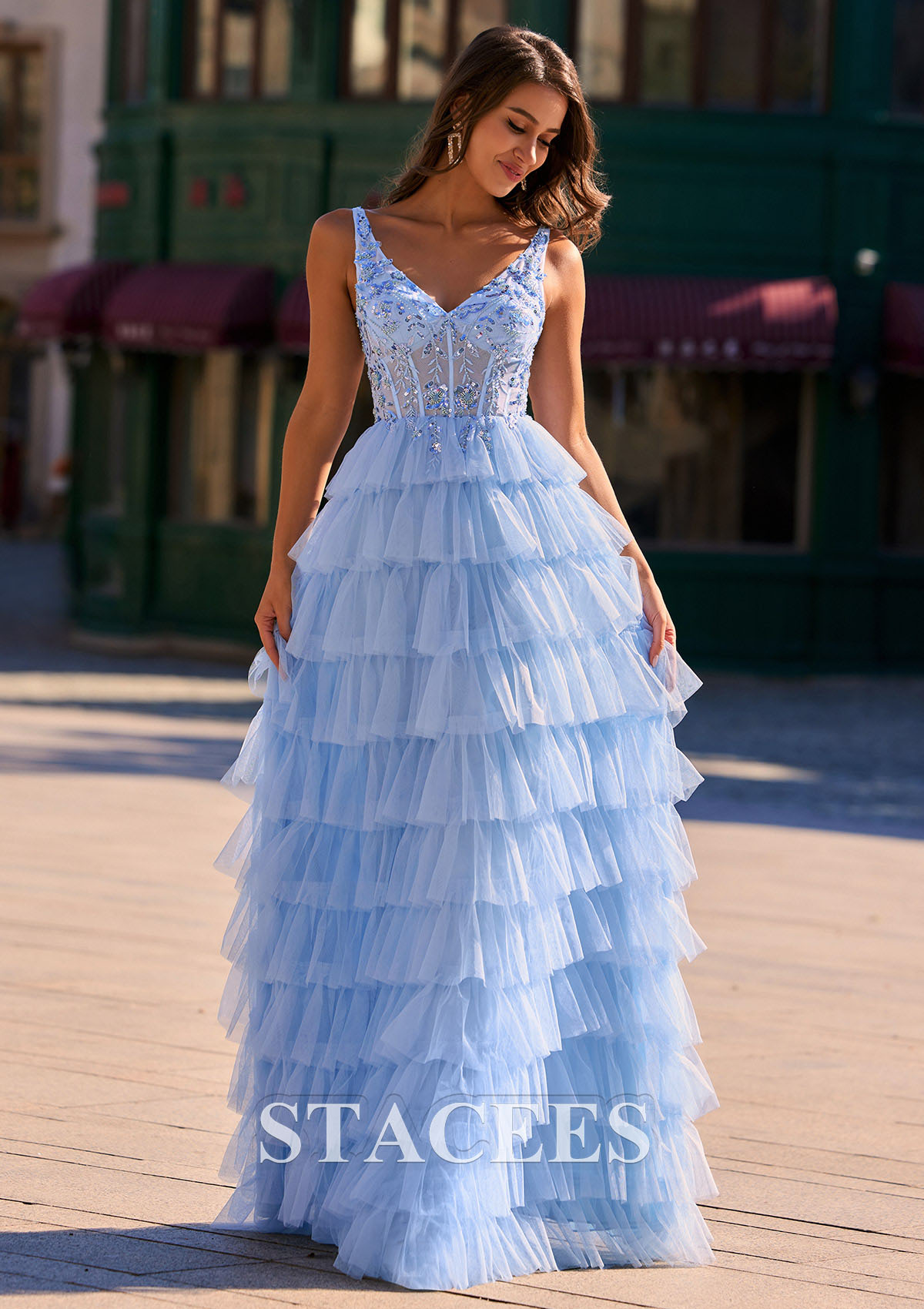 tulle tiered prom dress Gorgeous Plunging Neck Tiered Tulle Slip Prom Dress Dark Green / XL