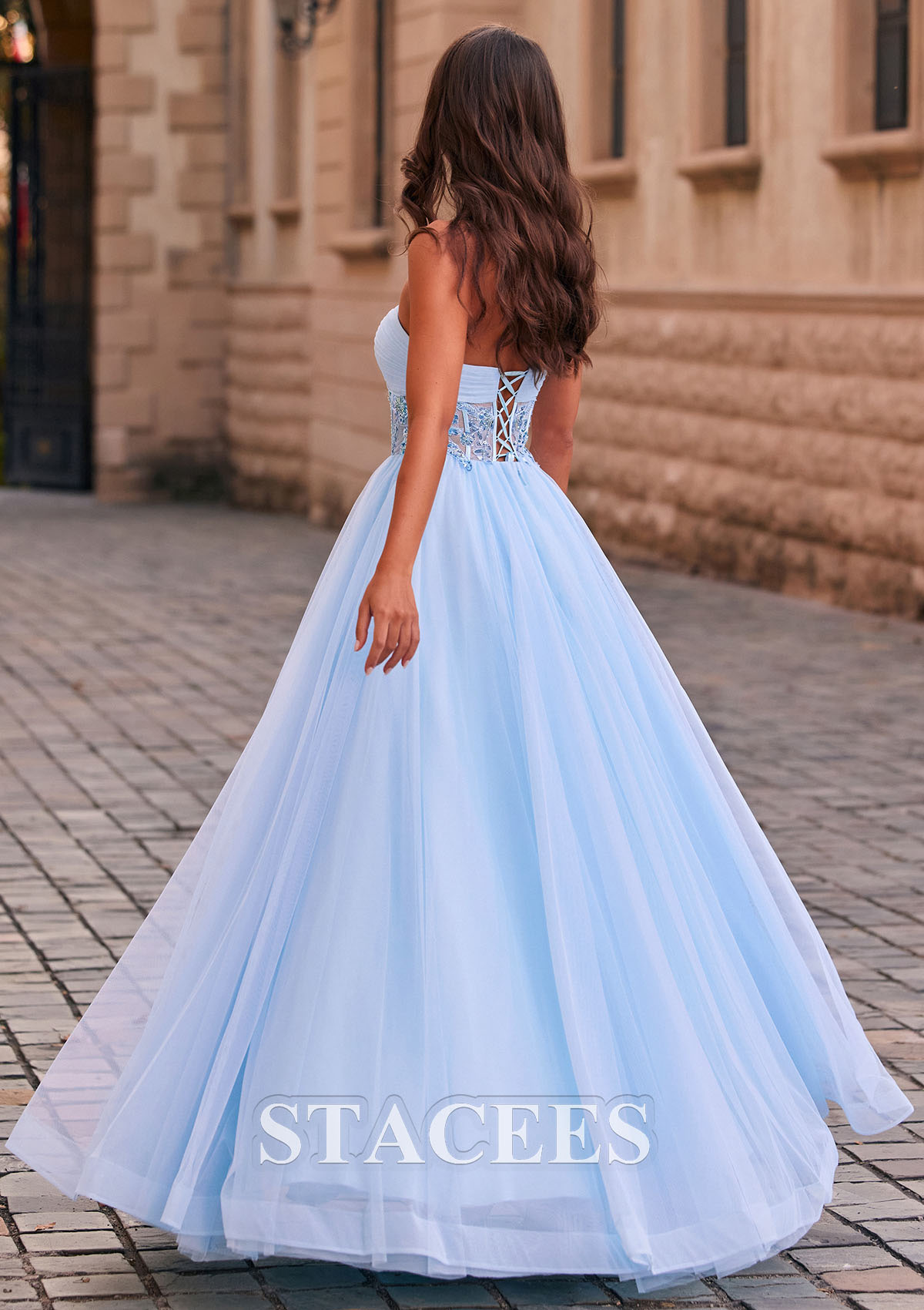 Sky Blue Vestido línea a cuello de corazón tul hasta el suelo vestido de graduación - STACEES