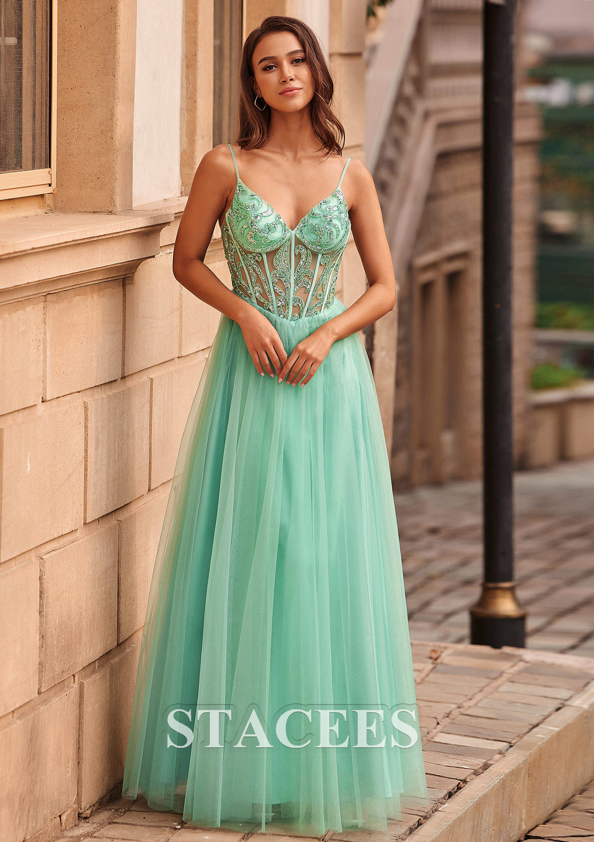 As picture A-line V Neck Tulle Floor-Length Prom Dress with Beading Sequins - STACEES