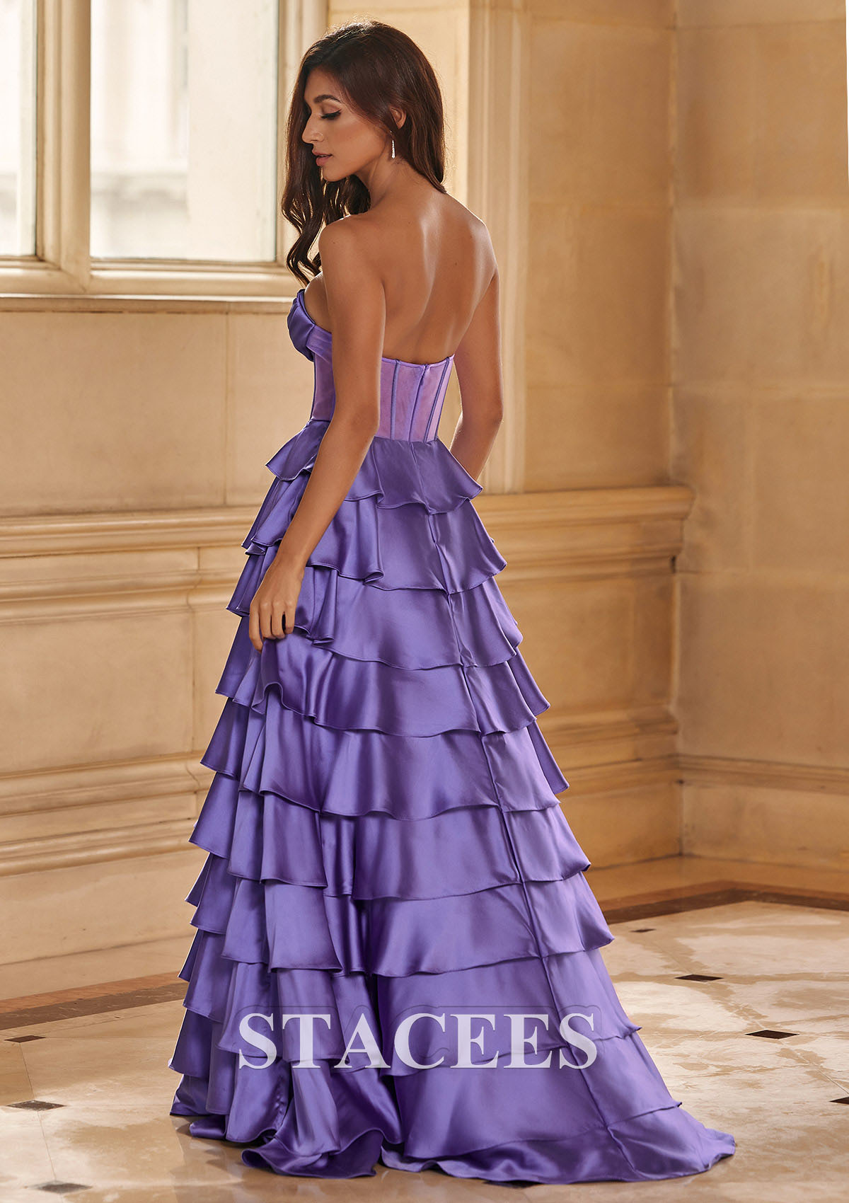 Lavender A-line Strapless Cowl Neck Sheer Corset Tiered Prom Dress with Ruffles 