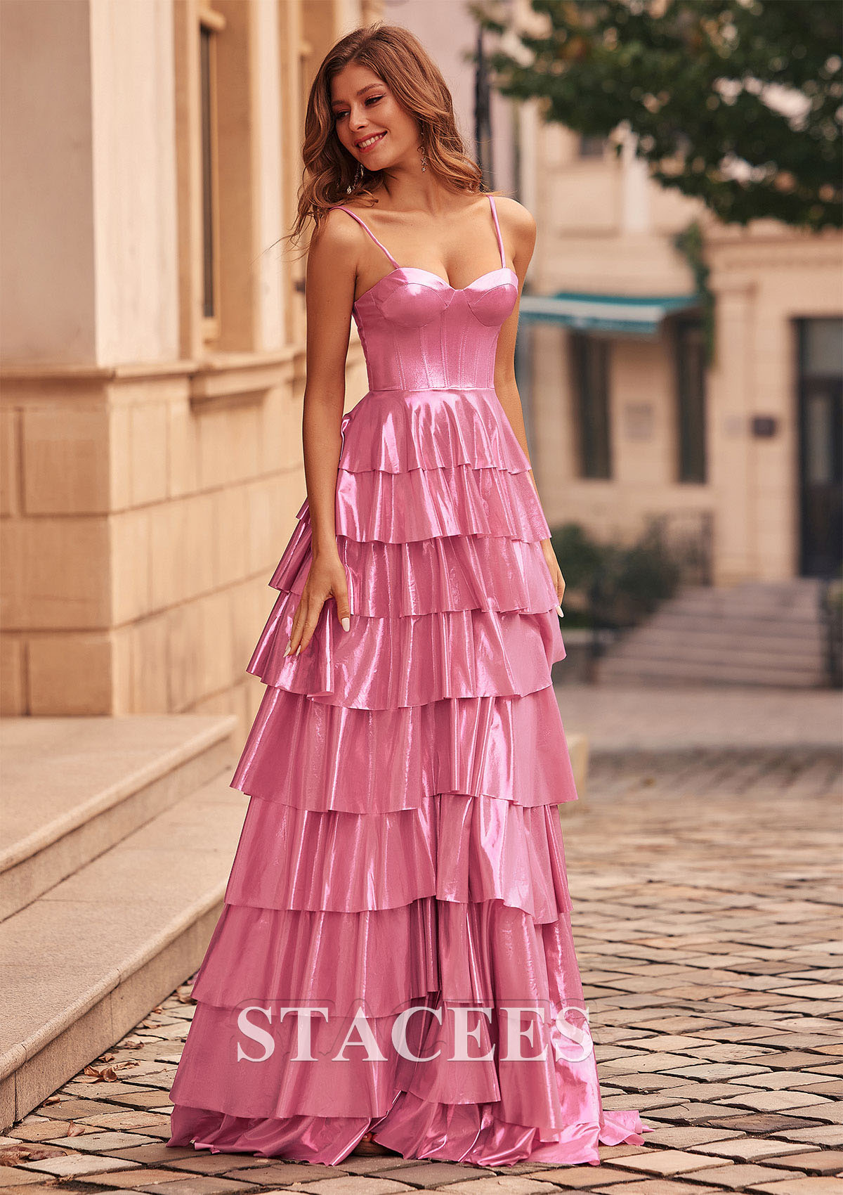 Candy Pink A-line Sweetheart Strapless Metallic Corset Ruffle Prom Dress - STACEES