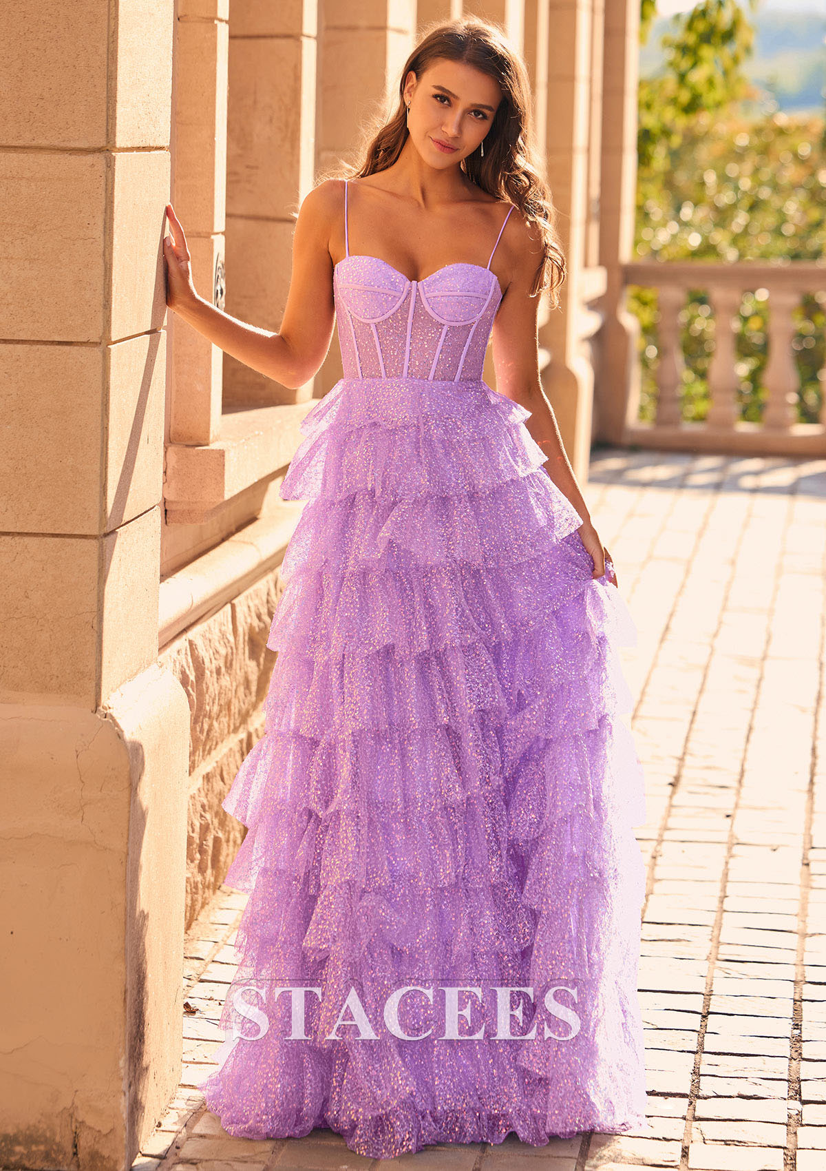 Lilac Cute A-Line Sweetheart Tiered Ruffles Sequins Prom Dresses - STACEES