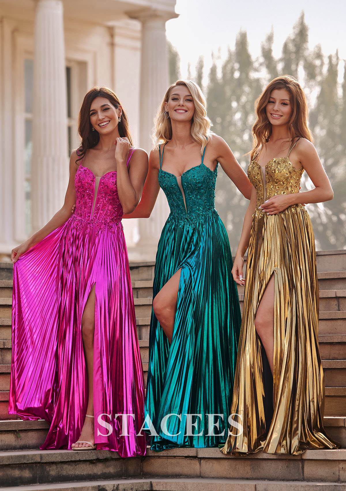 Gold A-line Shine Pleated Metallic Slit Sweep Train Prom Dress with Plugging V-neck - STACEES