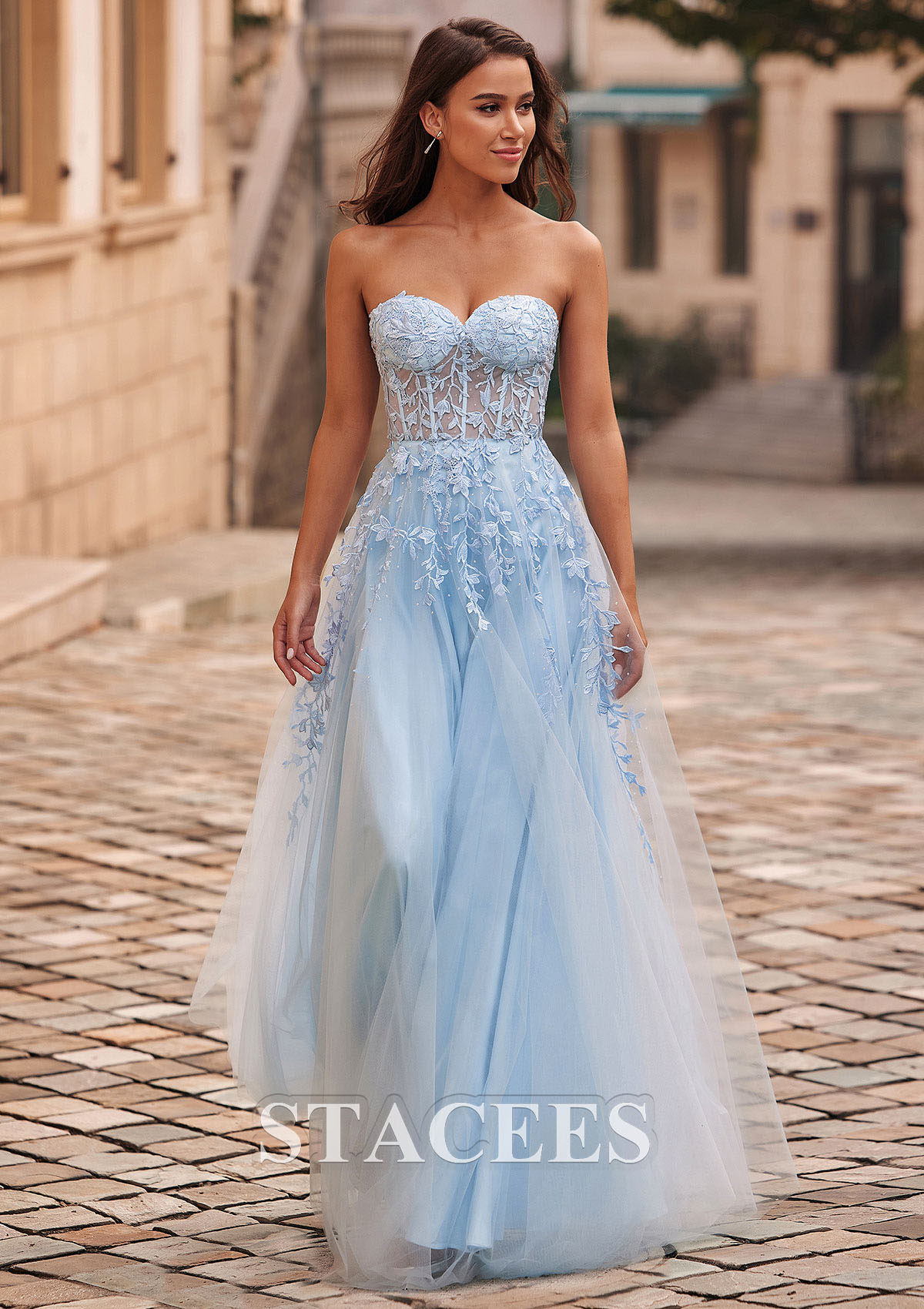 corset blue prom dress Grey Blue Princess A Line Spaghetti Straps Corset Prom Dress with Lace Ruffles, Grey Blue / 2