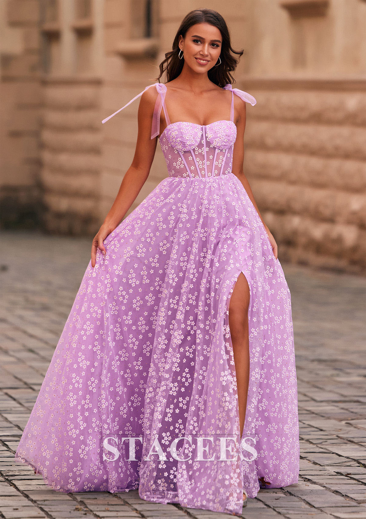 Lilac A-line Floral Printed Sheer Corset Slit Long Prom Dress With Adjustable Straps