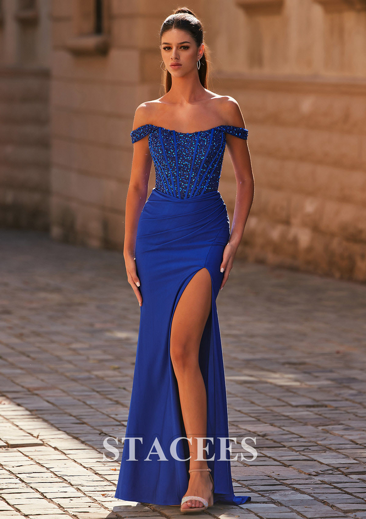 prom dress with shoulder pads Custom-made Plus Size Mermaid blue sparkly prom dress with Exquisite Shoulder Pad, Pearls, Chains, Beads, Lace Sleeves, and Sweep Train