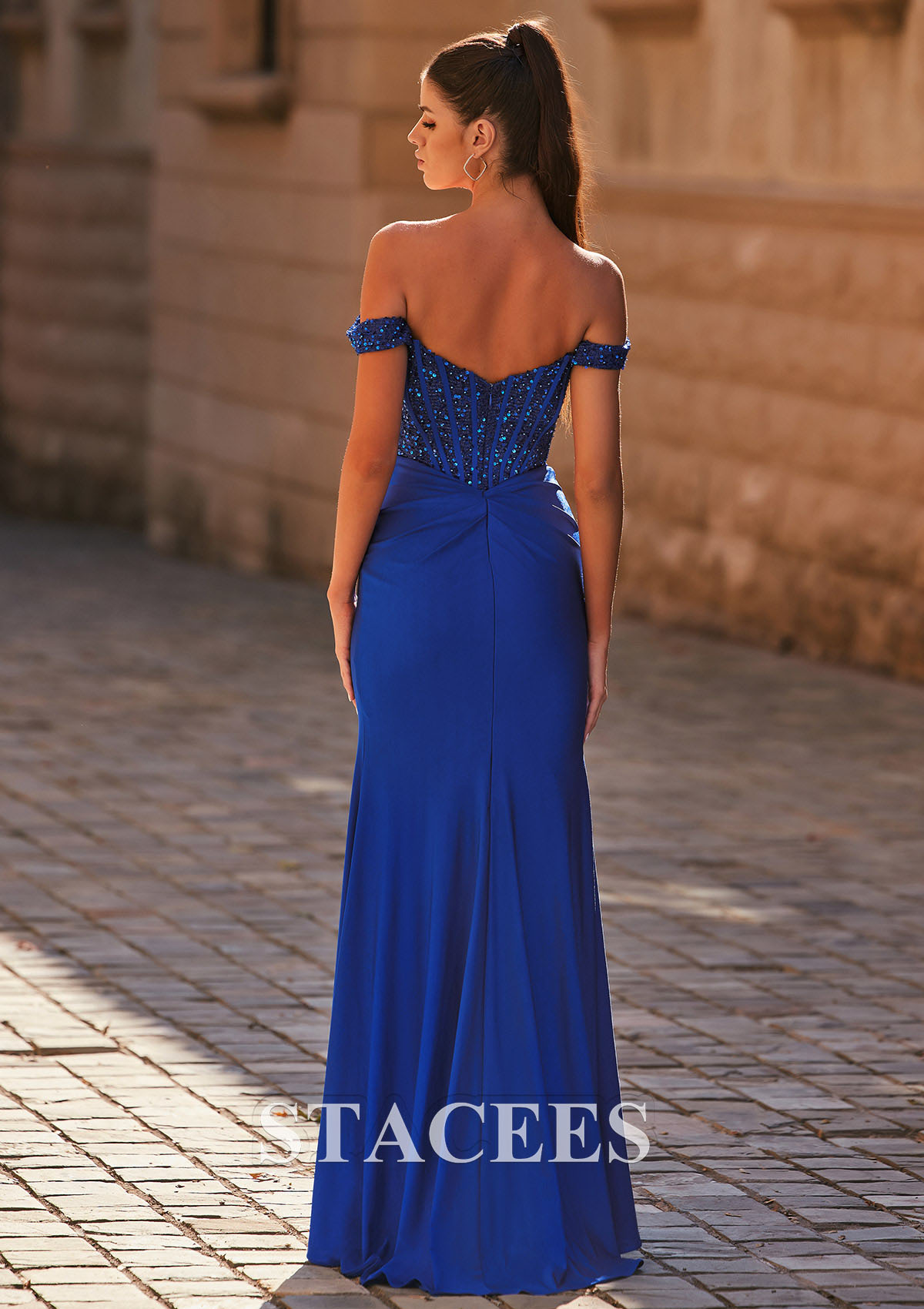 Azul Real Tubo hombros descubiertos jersey barrer/cepillo tren vestido de graduación con lentejuelas - STACEES