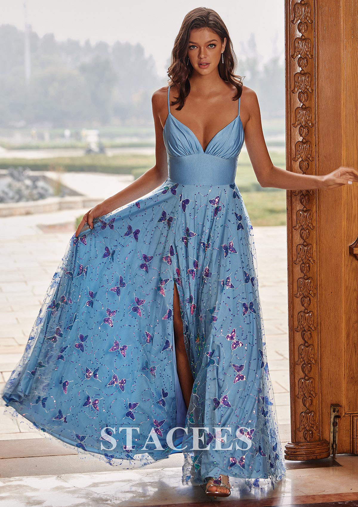 butterfly applique prom dress A-line V Neck Butterfly Applique Jersey Slit Prom Dress S8289P - Prom  Dresses