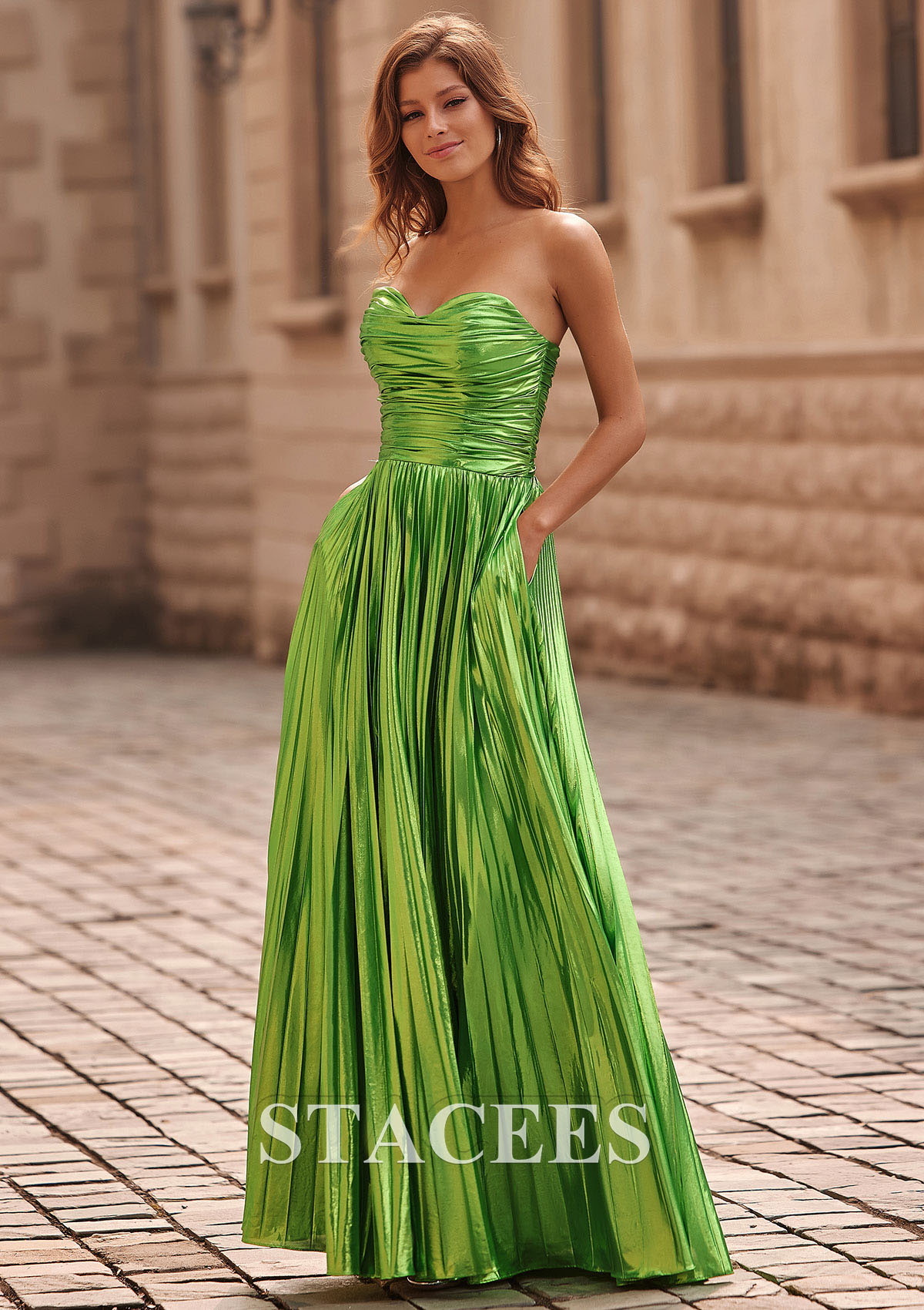 Verde Lima Vestido línea a cuello de corazón metálico hasta el suelo vestido de graduación - STACEES