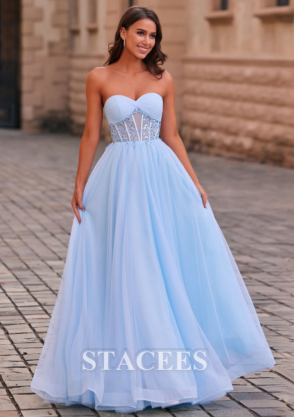 Sky Blue Vestido línea a cuello de corazón tul hasta el suelo vestido de graduación - STACEES