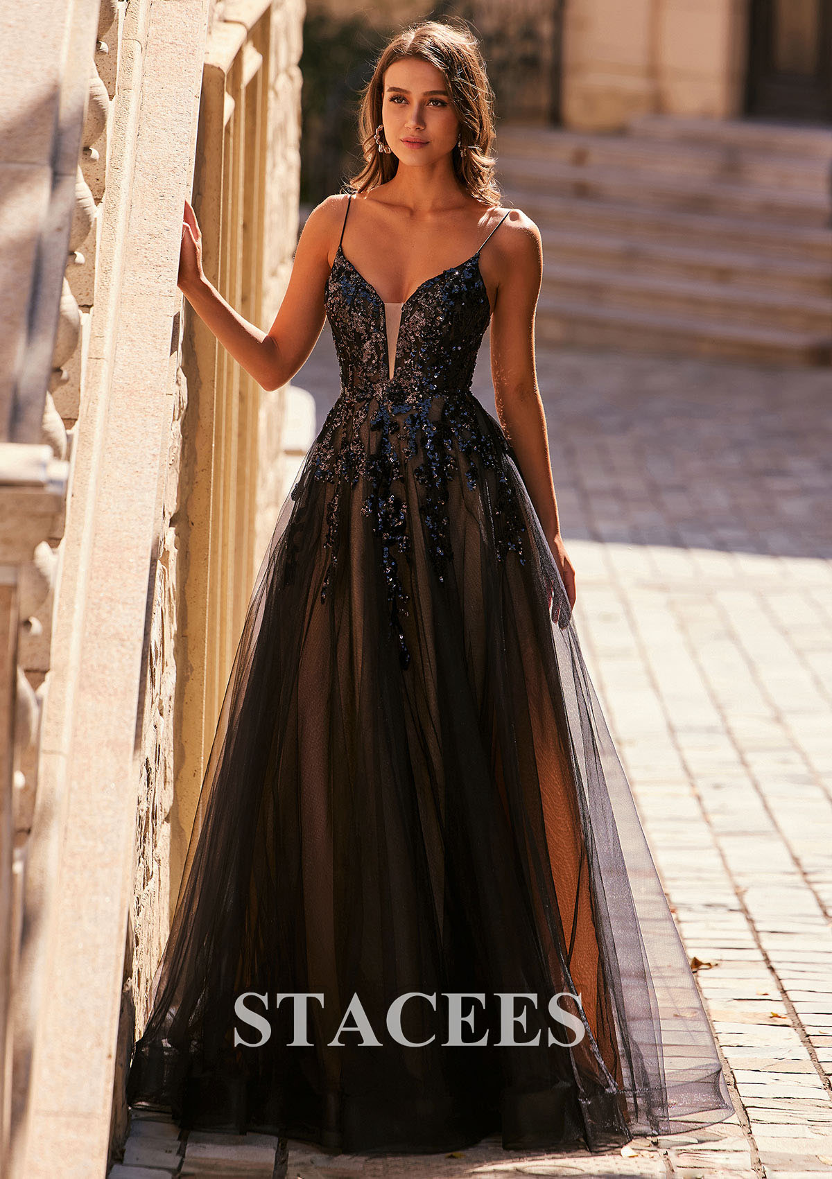 Black A-line V Neck Tulle Floor-Length Prom Dress with Sequins - STACEES
