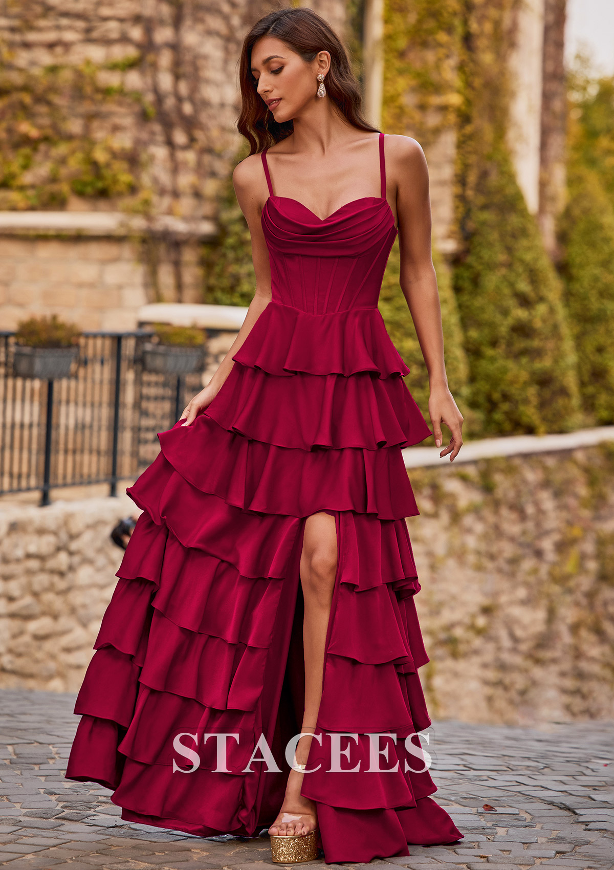she fashions prom dresses A-line Cowl Neck Stretch Satin Sweep Train Prom Dress with Pleated Ruffles  Split S8478P - Prom Dresses