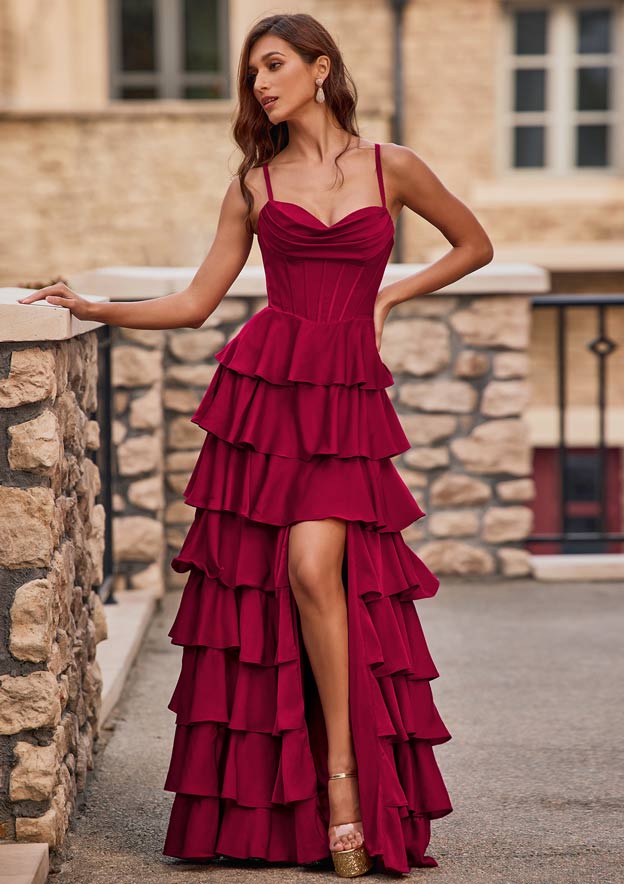 A-line Cowl Sweetheart Neck Stretch Satin Tiered Ruffles Prom Dress with Slit