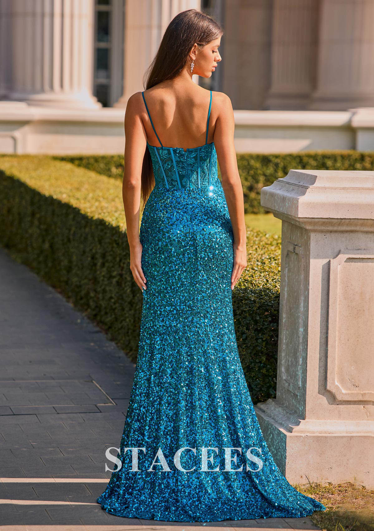 Teal Sheath/Column Sweetheart Sequined Sweep Train Prom Dress with Appliqued Beading Pleated Split - STACEES