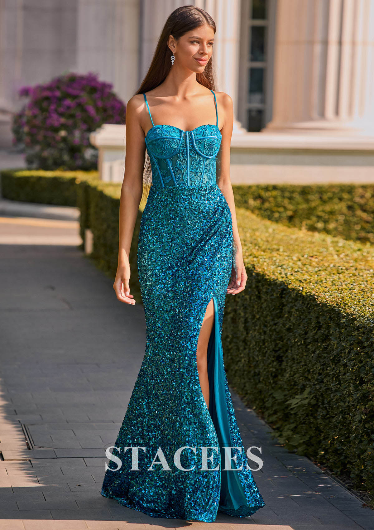 Teal Sheath/Column Sweetheart Sequined Sweep Train Prom Dress with Appliqued Beading Pleated Split - STACEES