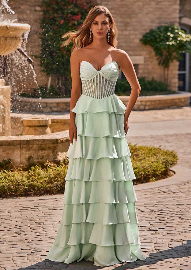 A-line Strapless Tiered Ruffles Prom Dress with Beading Pleated Corset Bodice