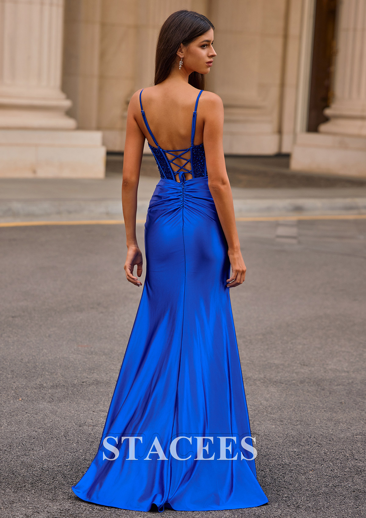 Bleu Royal Fourreau cache coeur soie comme du satin traîne balayage robe de bal - STACEES