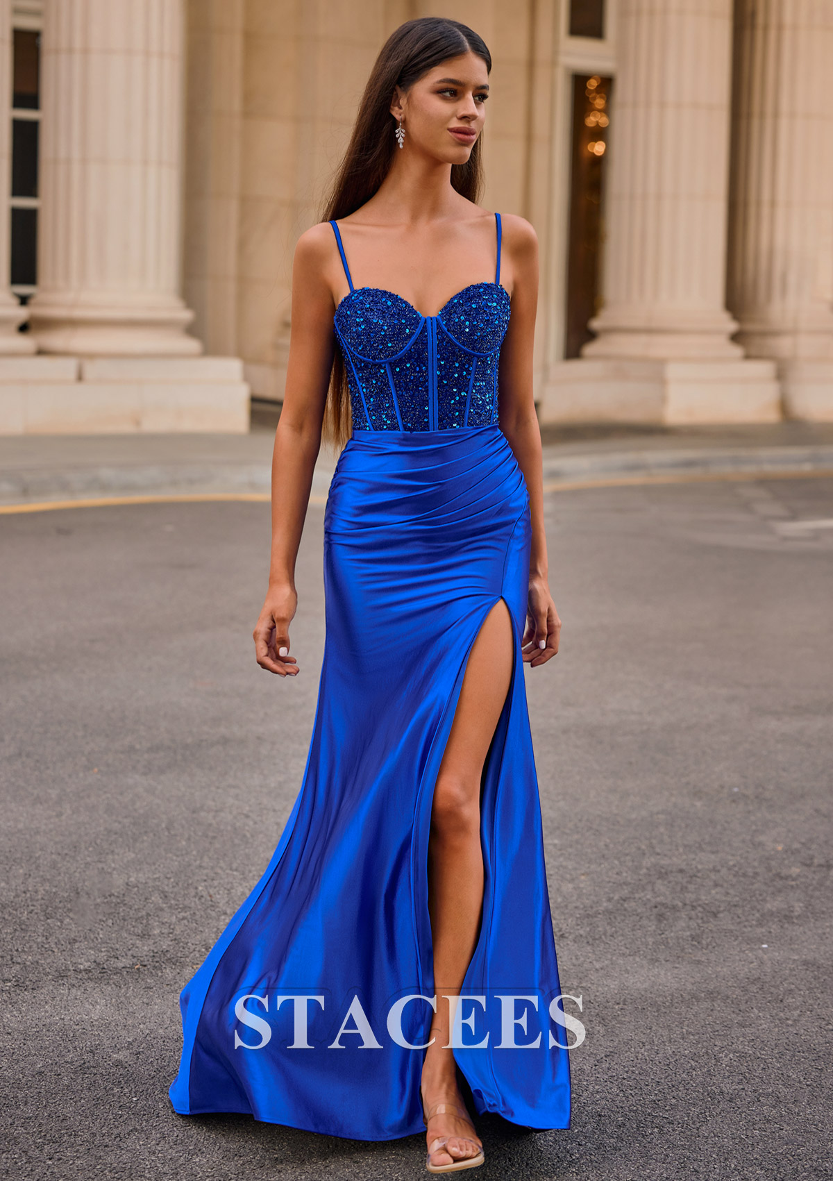 Bleu Royal Fourreau cache coeur soie comme du satin traîne balayage robe de bal - STACEES