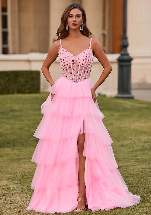 A-line V Neck Tulle Sweep Train Prom Dress with Beading Flowers Ruffles Sequins Split