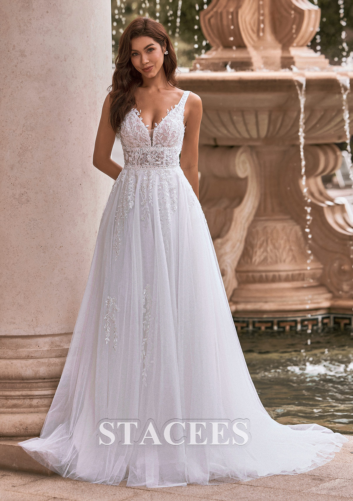 Ivory A-line Princess V Neck Tulle Court Train Wedding Dress with Appliques Lace Beading Sequins - STACEES