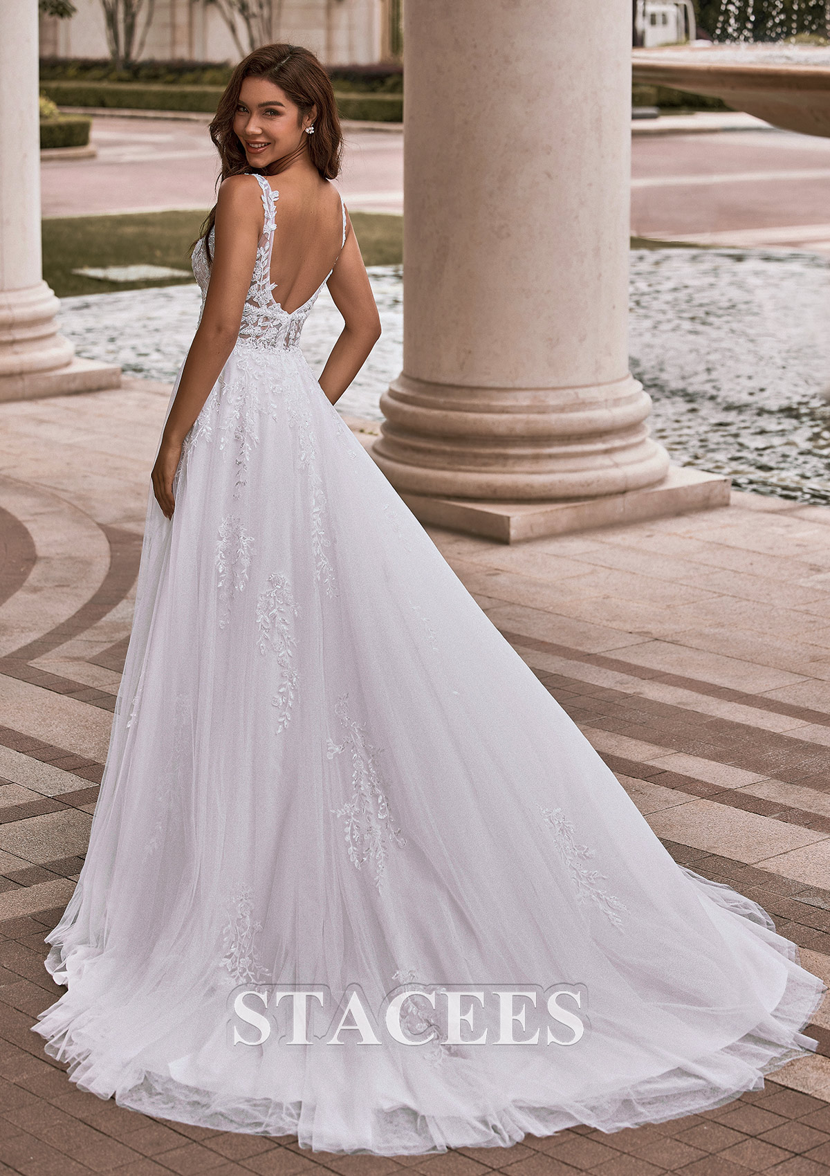 Ivory A-line Princess V Neck Tulle Court Train Wedding Dress with Appliques Lace Beading Sequins - STACEES