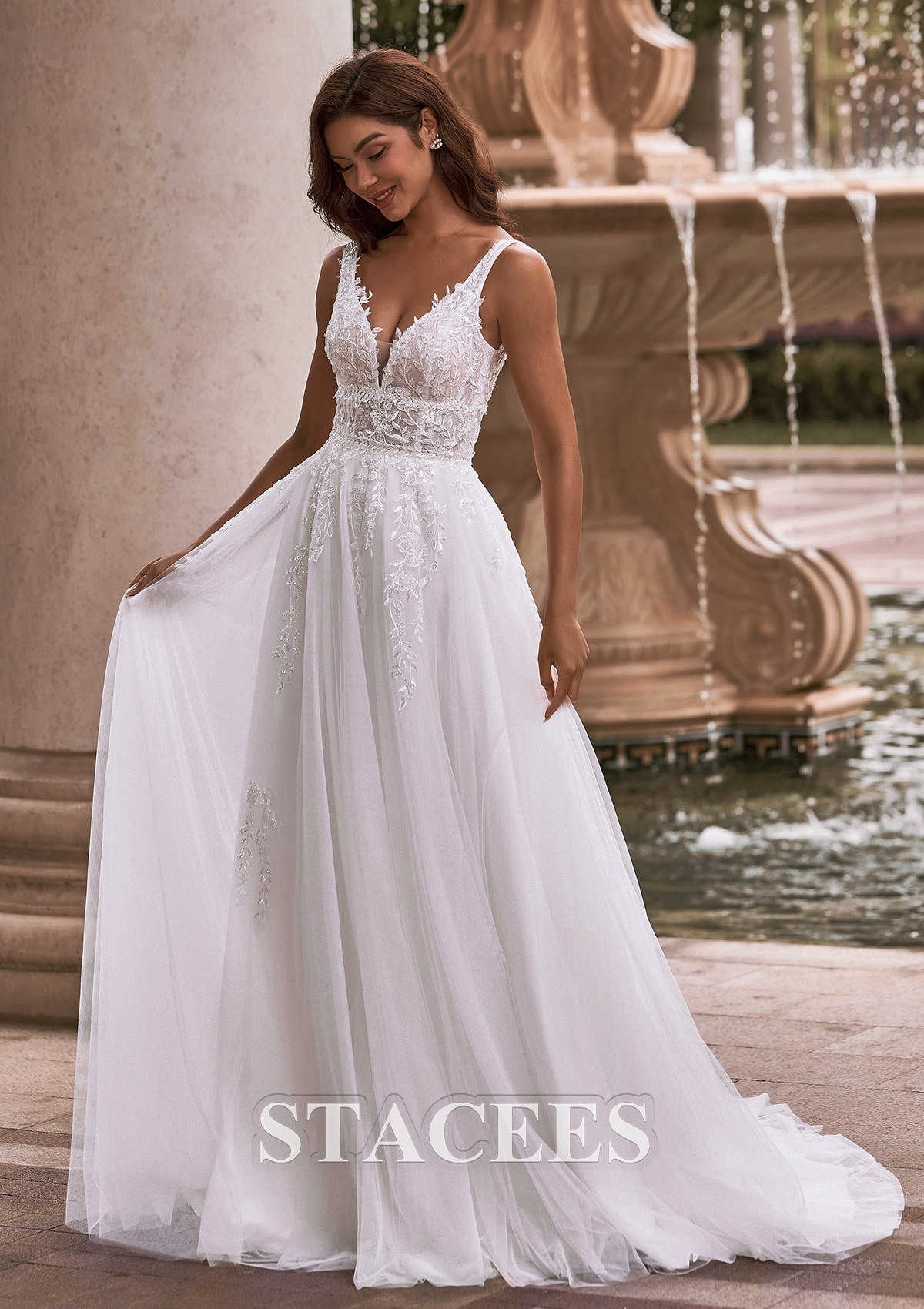 Ivory A-line Princess V Neck Tulle Court Train Wedding Dress with Appliques Lace Beading Sequins - STACEES