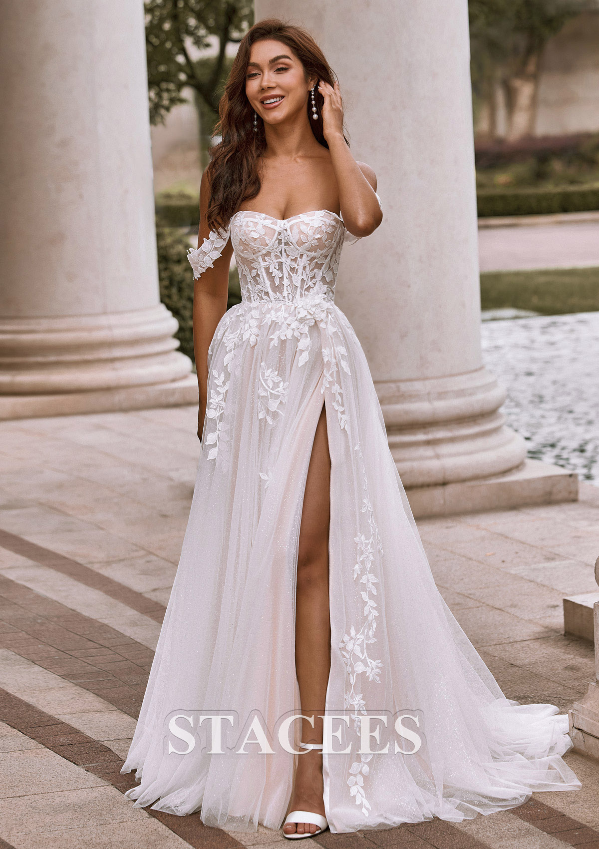Ivoire Trapèze épaule dénudée tulle traîne balayage robe de mariée  - STACEES