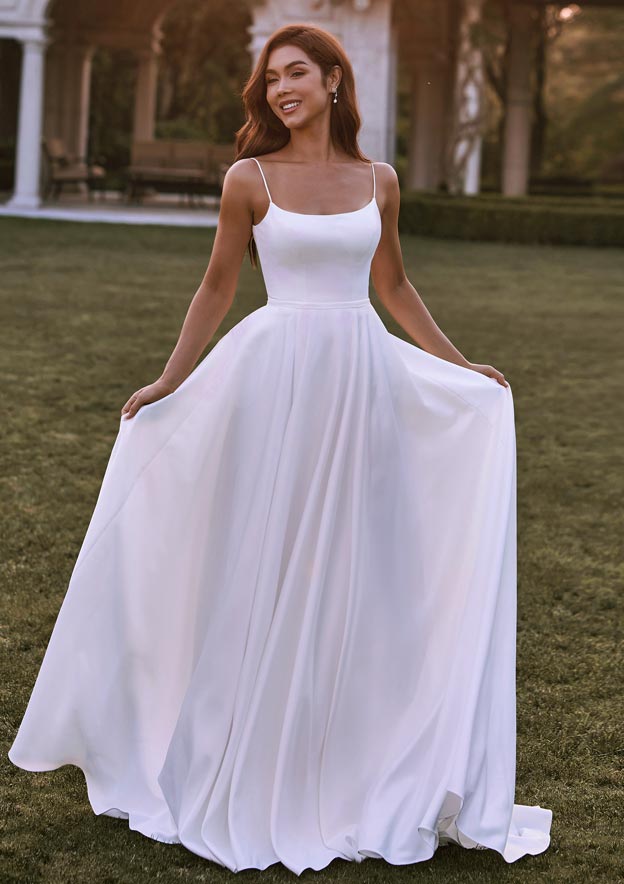 A-line Square Neckline Satin Sweep Train Wedding Dress with Pockets