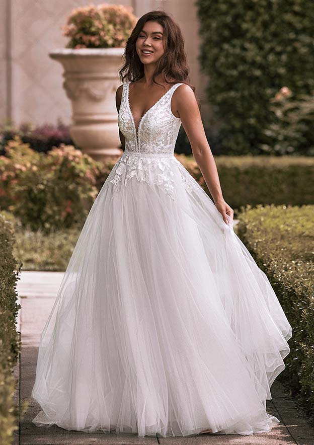 ankle length tulle wedding dress A-line Princess V Neck Tulle Sweep Train Wedding Dress with Appliques Lace  S3070W - Wedding Dresses