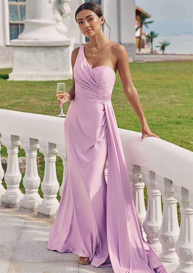 purple one shoulder bridesmaid dress One Shoulder Short Sleeve Lilac Satin Side Slit Long Custom Bridesmaid Dresses , BN1295