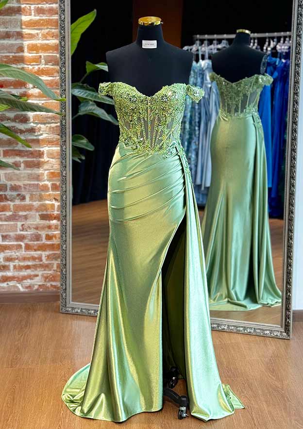 Sheath/Column Off-the-Shoulder Silk like Satin Sweep Train Prom Dress with Beading Sequins Side Draping Split