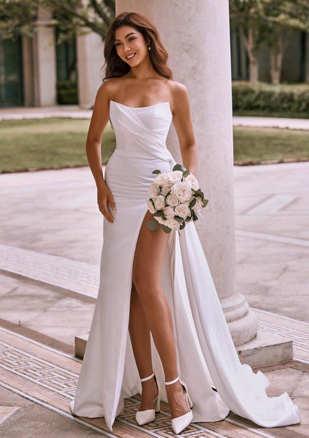 white wedding dress strapless KissProm Satin A-Line Dresses, Diamond White / 12 Designed for a close body fit Stacees 2026 A-line Bateau Satin