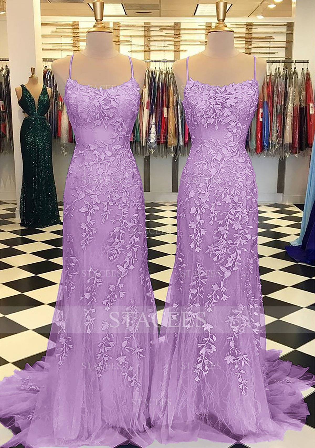 Lilac Trumpet/Mermaid Scoop Neck Sleeveless Sweep Train Lace Prom Dress With Crystal - STACEES