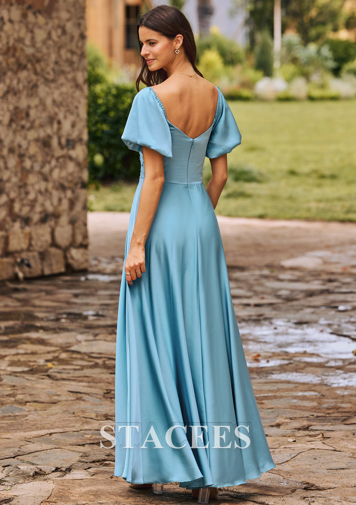bridesmaid dresses puffy Stacees A-line Short Puff Sleeve Stretch Satin Bridesmaid Dress