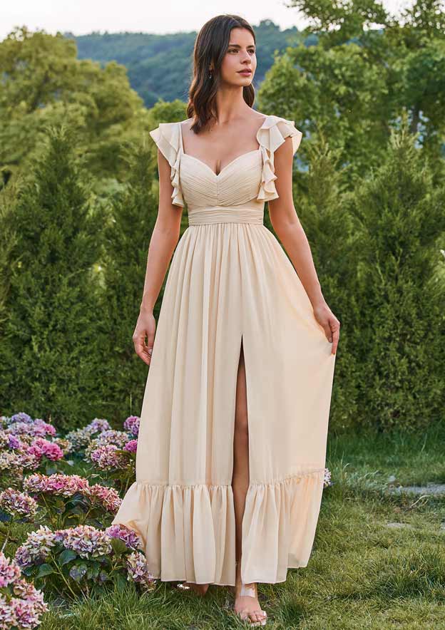 bridesmaid dress hem length Stacees Ruffle Sleeve Ruching Chiffon Maxi Tiered Bridesmaid Dress