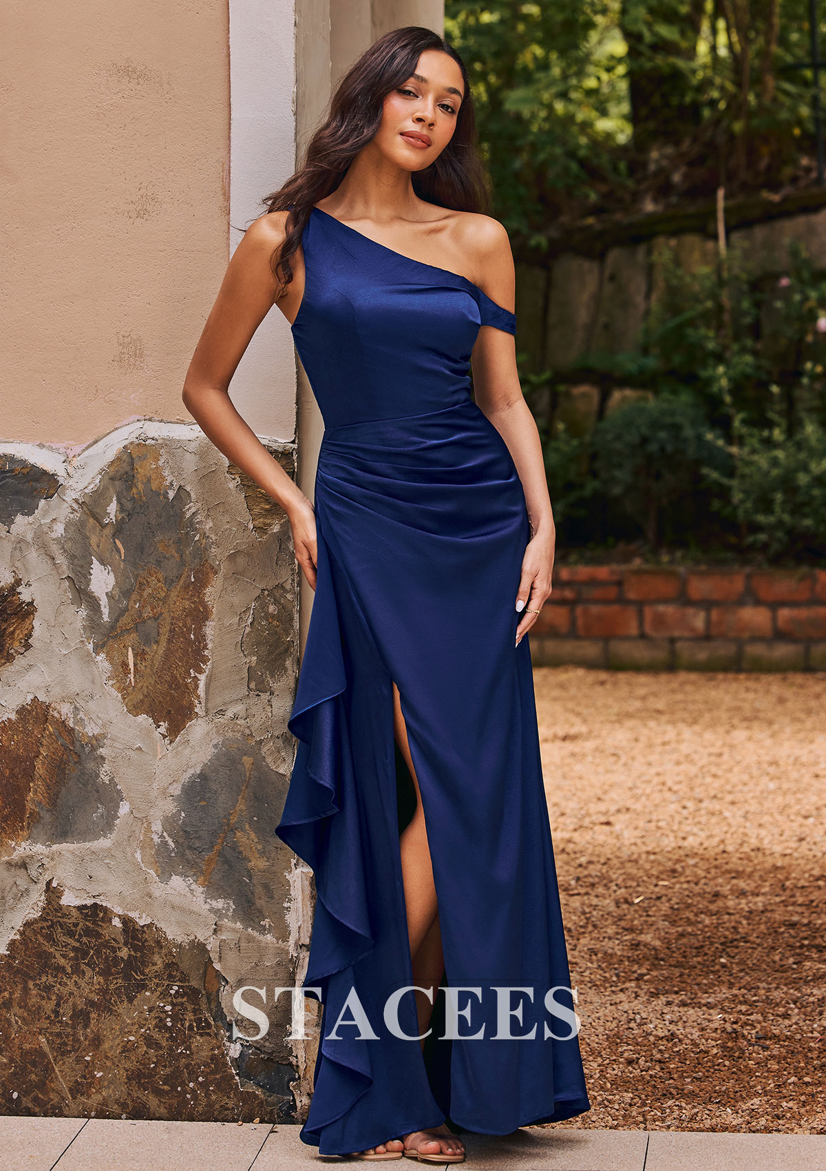 one shoulder crepe satin ruffle bridesmaid dress One Shoulder Satin Ruffle Bridesmaid Dress