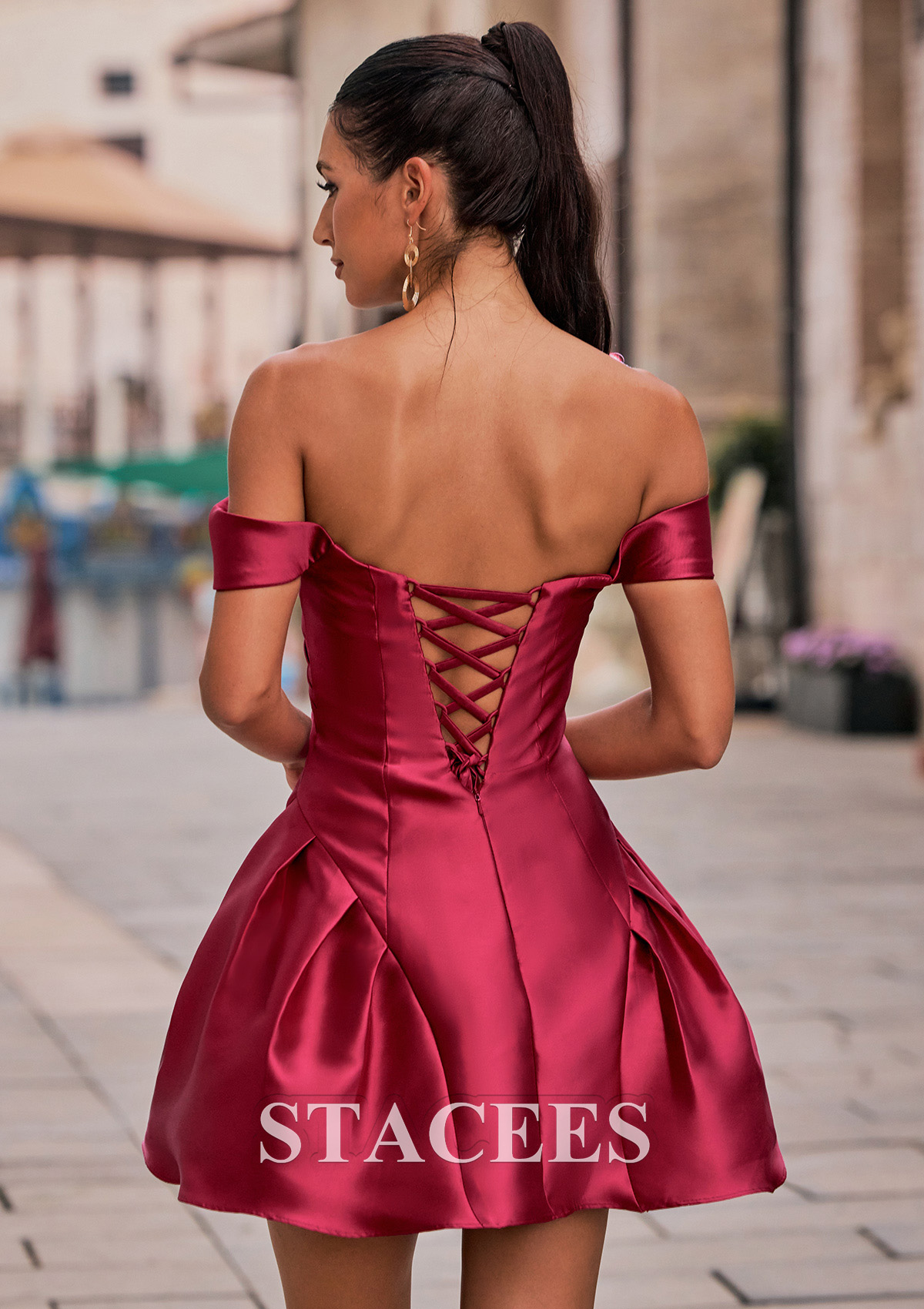 Burgundy A-line Off-the-Shoulder Mikado Short Homecoming Dress with Pleated Fitted Bodice - STACEES