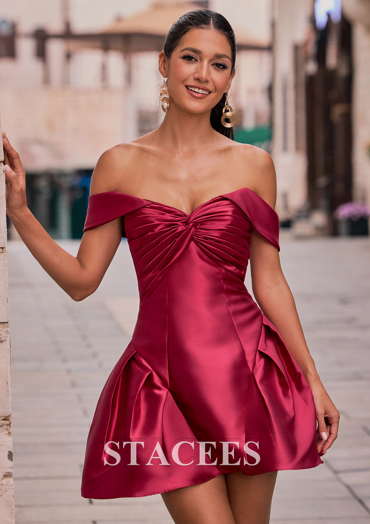 Burgundy A-line Off-the-Shoulder Mikado Short Homecoming Dress with Pleated Fitted Bodice - STACEES
