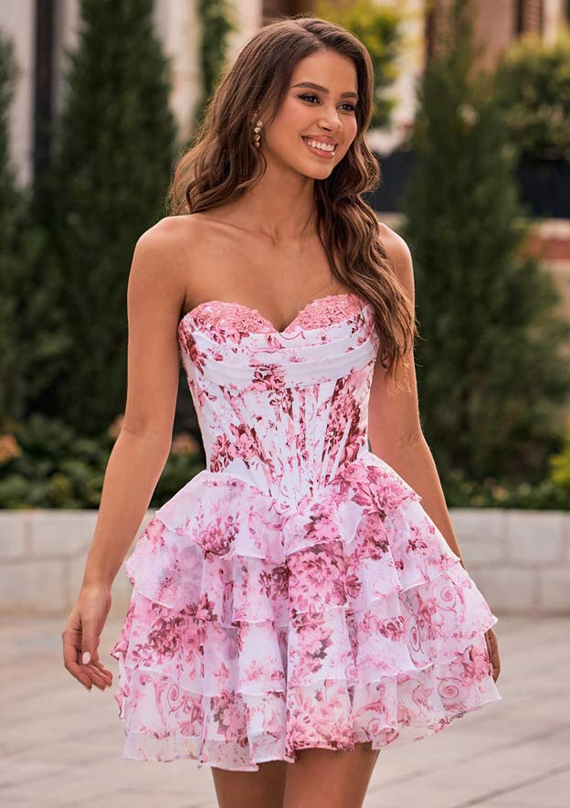 A-line Cowl Neck Pink Floral Print Strapless Ruffle Corset Homecoming Dress