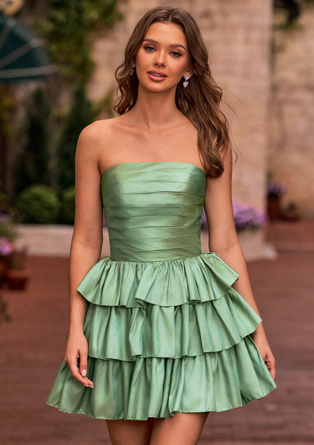 A-line Square Neckline Strapless Tiered Ruffle Homecoming Dress with Pleats