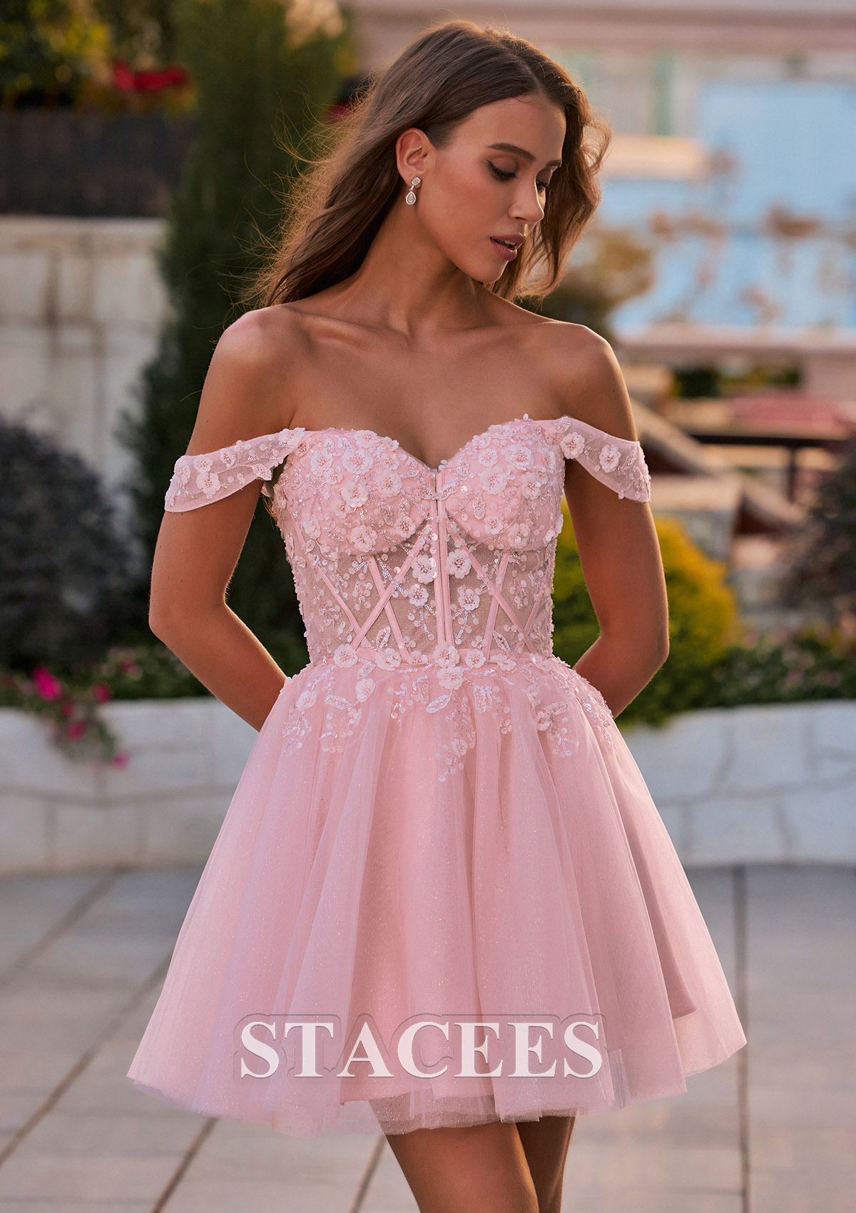 Rosa Blush Vestido línea a hombros descubiertos tul corto vestido para homecoming - STACEES