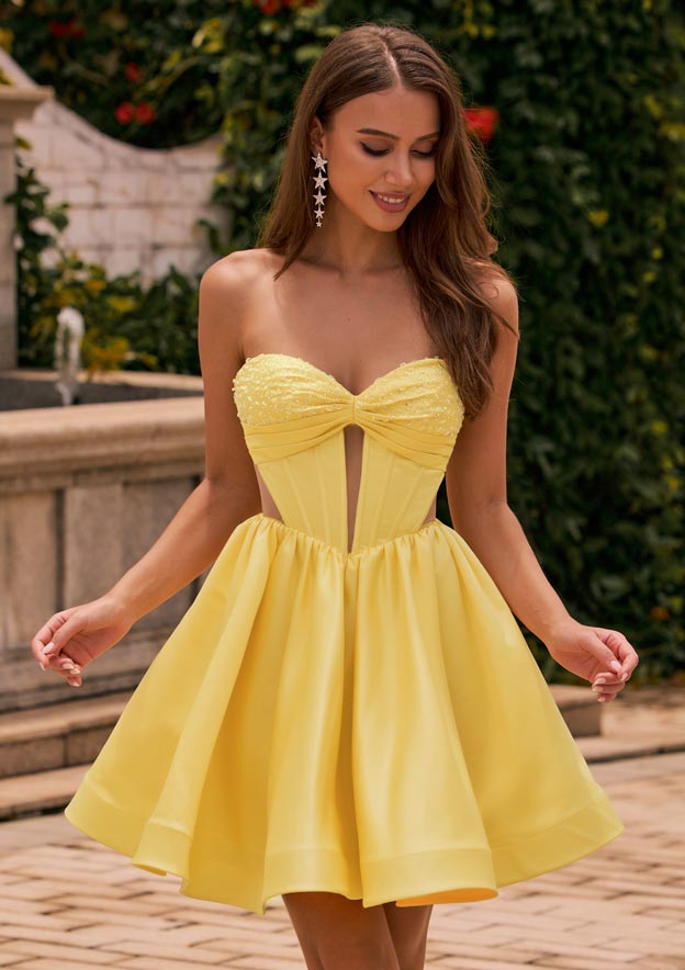 yellow homecoming dress strapless Cute Strapless Yellow Short Homecoming Dress with Flowers