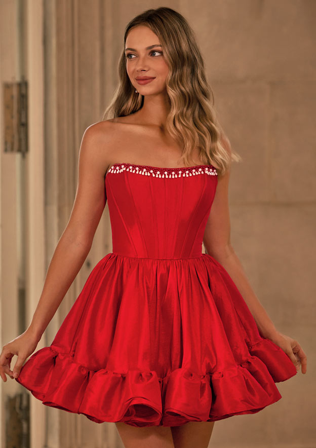 A-line Pearl Bateau Taffeta Strapless Corset Ruffled Bubble Homecoming Dress