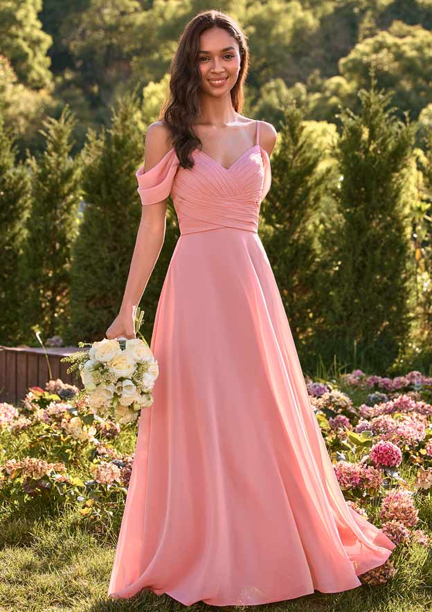 A-line Off-the-Shoulder Sweetheart Ruched Chiffon Floor-Length