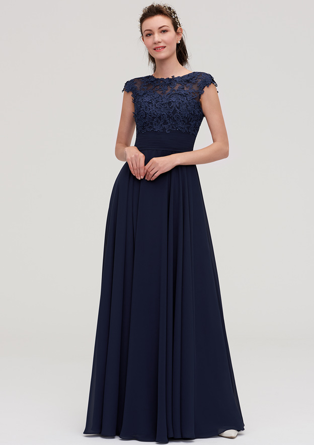 A-line/Princess Bateau Sleeveless Long/Floor-Length Chiffon Bridesmaid Dresses With Appliqued