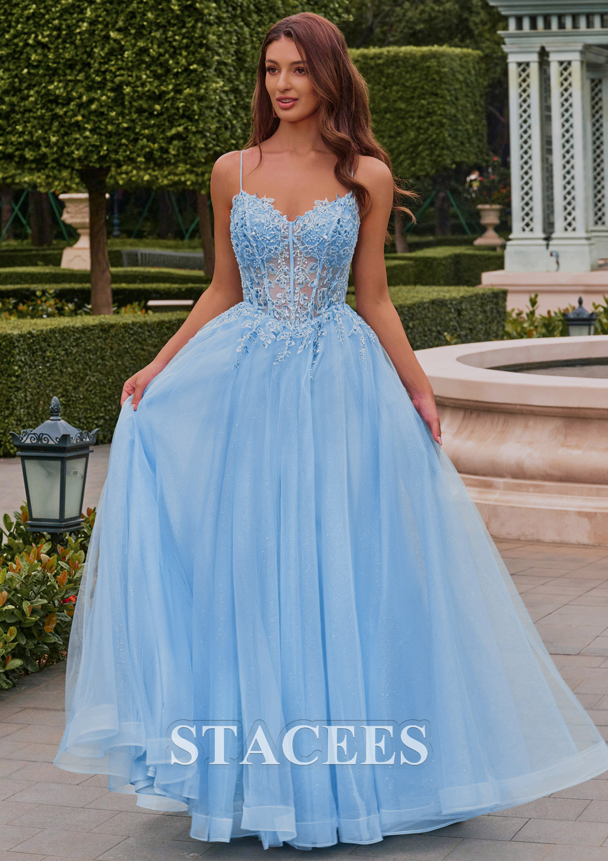 Azul Cielo Vestido línea a escote en v tul hasta el suelo vestido de graduación - STACEES