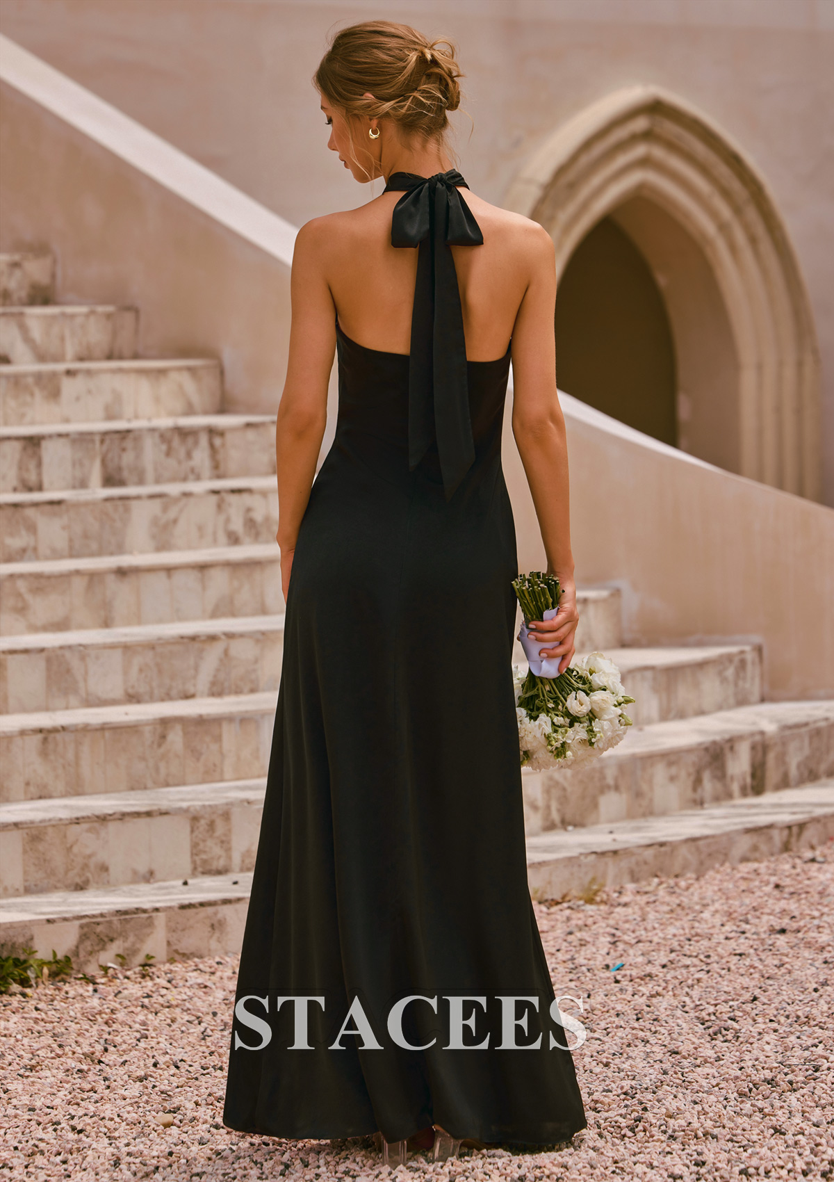 bridesmaid dress buy back Sheath Halter Neck Stretch Satin Floor-Length Backless Bridesmaid Dress  with Tie-Back S6124B - Bridesmaid Dresses